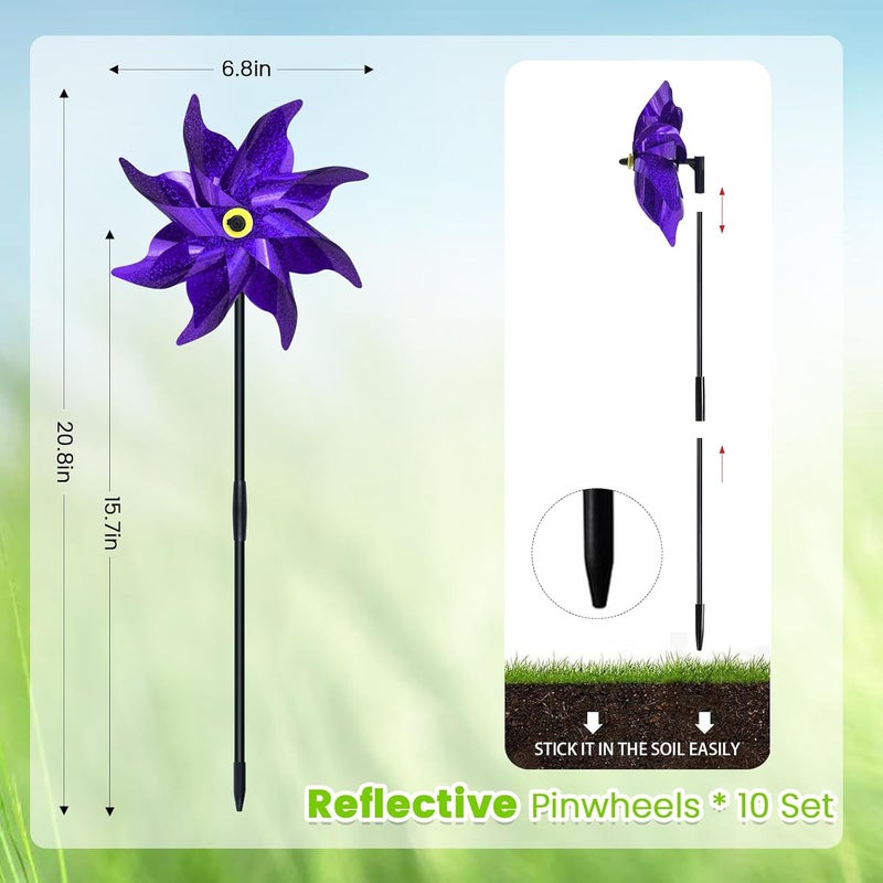 DECEED 10 PCS Reflective Pinwheels for Yard and Garden Bird Devices Pre-Installed Sparkly Wind Spinner Deterrent to Scare Birds Away from Yard Patio Farm (Purple) - Image 3